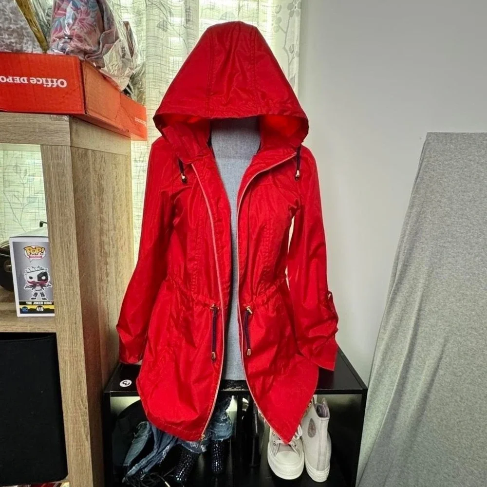 Susan Graver Red Hooded Jacket Sz XS Lightweight Cinch Windbreaker Rain Dopamine
